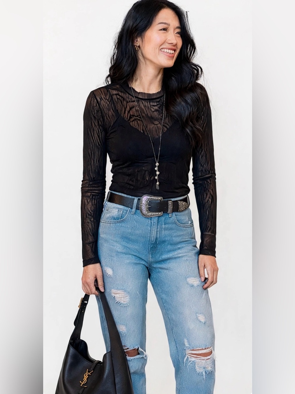 Miss Finch NYC size M Black Sheer Long-Sleeve Mesh Top